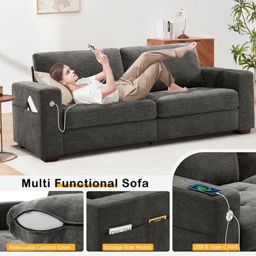 Image of Hanherry 89 inch Sofa for Living Room, Modern Comfy Couch with Medium Firm Seat Cushion, Removable Cover,Wide Armrest,USB /Type-C Port,Chenille Fabric Couches for Small Space,Apartment