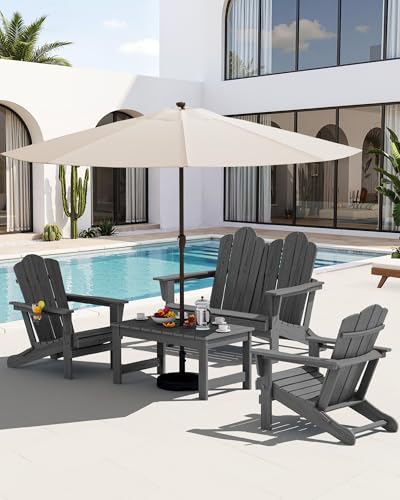 Image of SERWALL 4-Pc HDPE Adirondack Set, 2 Chairs, 1 Bench & 1 Coffee Table, Grey