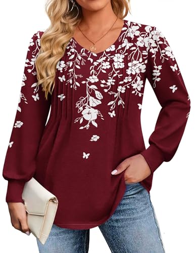 Image of IN'VOLAND Womens Plus Size Shirts V Neck Puff Long Sleeve Tops