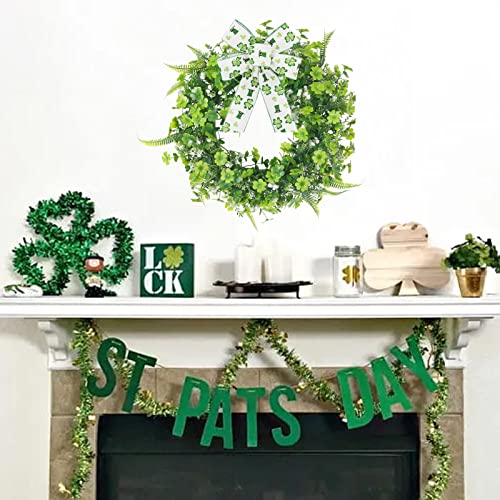 Xhxstore 17.7" St Patricks Day Wreath Four Leaf Clover Wreath With Fern Greenery Wreath Farmhouse Spring Wreath For Front Door Holiday Home Wall Outdoor Indoor Decor (Included Ribbon) #TOP4