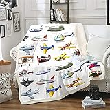 Homewish Flugzeug-Sherpa-Decke,3D-Druck,Verschiedene Flugzeug-Decke für Kinder,Teenager,Jungen,Kampfflugzeug-Helikopter-Fleece-Decke,Cartoon-Luftfahrt-Thema Fuzzy-Decke Ultra Soft 150x200 Weiß