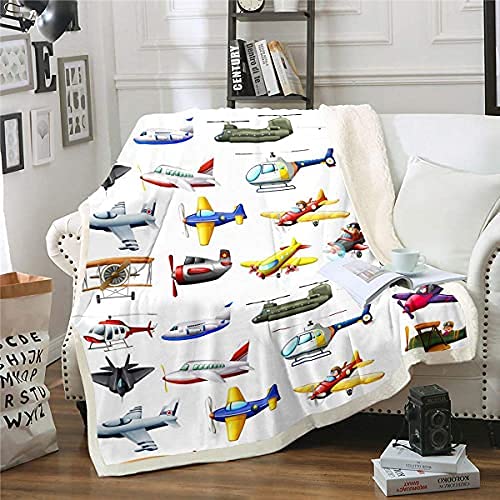 Homewish Flugzeug-Sherpa-Decke,3D-Druck,Verschiedene Flugzeug-Decke für Kinder,Teenager,Jungen,Kampfflugzeug-Helikopter-Fleece-Decke,Cartoon-Luftfahrt-Thema Fuzzy-Decke Ultra Soft 150x200 Weiß
