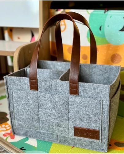 Deri Kulplu Keçe Çanta - Anne Bebek Düzenleyici – Bebek Bakım Keçe Organizer - Gri - Görsel 1