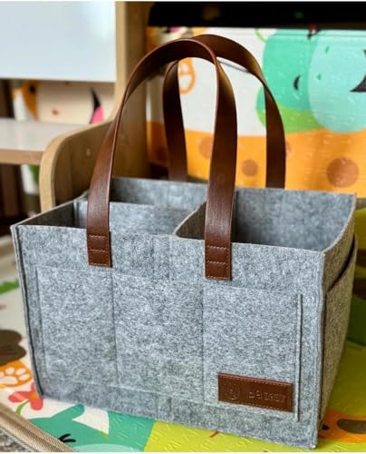 Deri Kulplu Keçe Çanta - Anne Bebek Düzenleyici – Bebek Bakım Keçe Organizer - Gri