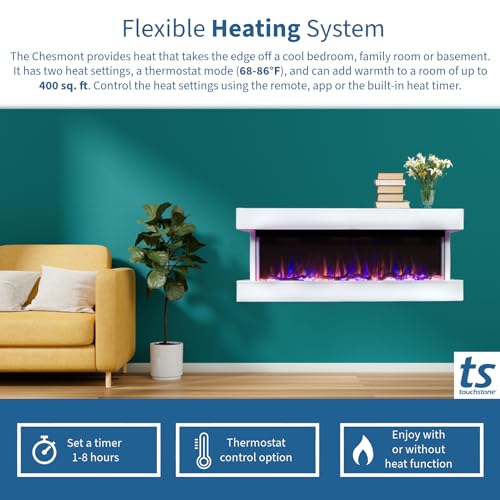 Touchstone Chesmont Smart Electric Fireplace- Wall Hanging Fireplace with 50" Wide White Floating Mantle- Alexa/WiFi Enabled-10 Color-1,500W Heater- Crystals & Driftwood-Model 80033 - Image 7