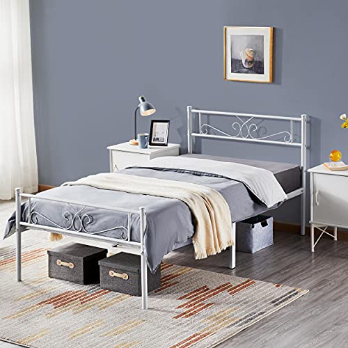 Yaheetech Twin Size Bed Frames/Metal Platform Bed With Headboard And Footboard/No Box Spring Needed/Easy Assembly, White #TOP2