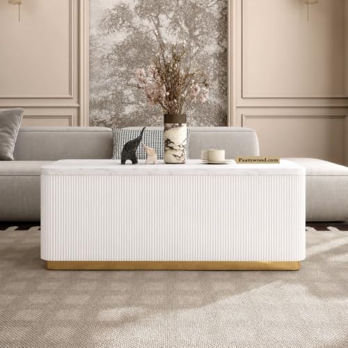 Image of Luxury Rectangle White Coffee Table with Nano Composite Marble-Look Top & Gold Base, Waterproof Plywood, Contemporary Center Table with Ribbed Fluted Design for Living Room & Home Decor