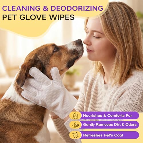 Image of Pet Glove Wipes for Dogs and Cats 20 Count Dog Cleaning Wipes for Paws and Butt Waterless Dog Bath Wipes Hypoallergenic Fragrance Free with 10 Sealing Stickers and 5 Drying Towels