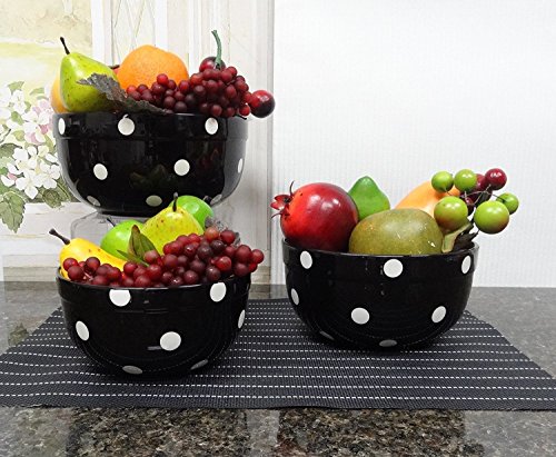 Set of 3 POLKA DOTS Red Ceramic Mixing Bowls, 82169 By ACK (Black)