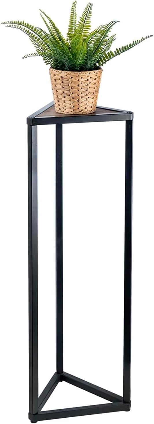 MyGift 36 Inch Tall Plant Stand Indoor - Modern Triangular Corner Plant Stand, Large Torched Wood and Black Metal Frame Plant Pot Pedestal Holder