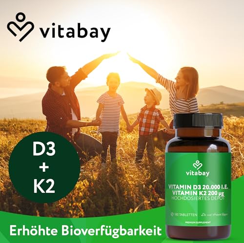 Vitabay Vitamin D3 + K2 Depot – 180 vegane Tabletten – hochdosiert – 20.000 IE Premium Vitamin D3 mit K2-MK7 All-Trans – ohne Zusätze – vegan & laborgeprüft in Deutschland – Vorrat für lange Zeit