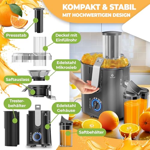 Foto von KESSER® Zentrifuge Entsafter für Obst | Gemüse aus Edelstahl WATTANGABE, große Fütterungsröhre, 3 Stufen, Elektrische Zentrifugal Saftpresse Juicer + Bürste, Saftbehälter, Rezeptbuch, Schwarz/Silber