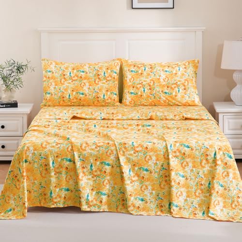 LONAVA Queen Sheet Set 4 Pieces,Z-Sunshine Meadow Ultra Soft & Breathable Microbifer Sheets, 1600 Thread Count Hotel Luxury Oeko-Tex Bed Sheets, 14-16 Inch Deep Pocket Durable Wrinkle Free Sheets