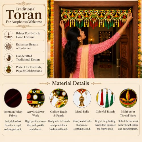 Image of ONESTA Traditional Swastik & Diya Door Toran for Main Door | Handmade Decorative Bandarwal with Kalash Mirror Work & Tassels | Festive Door Hanging for Diwali Navratri Housewarming Wedding & Pooja Decor 3 Feet | 36 Inch Pack 01