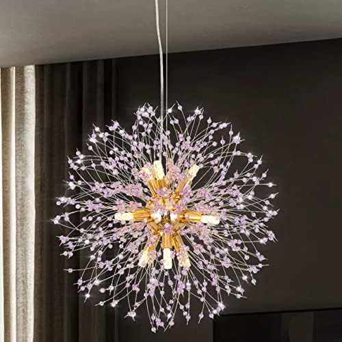 TEMINBU Purple Dandelion Crystal Chandelier, 9-Lights Modern Firework Sputnik Chanderliers Pendant Lighting fixtures for Dining Room, Living Room, Bedroom, Kitchen Island, Hallway(Gold)