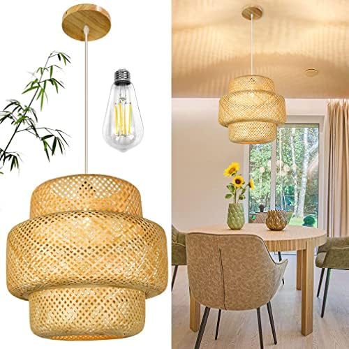 Qwoo Rattan Light Fixture Wicker Bamboo Pendant Lights with Dimmable Switch/LED Bulb Boho Woven Ceiling Lamp Shade Weave Chandelier Hanging for Kitchen Dining Room Study Bedroom Beige 20 inch