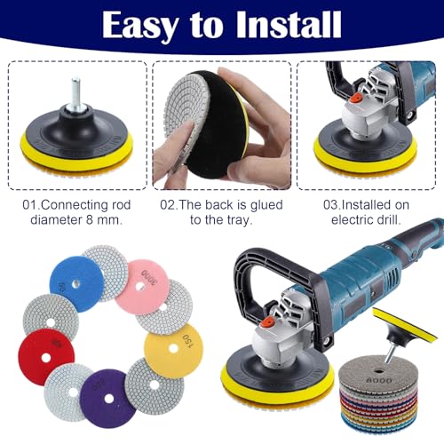 13PCS 4 Inch Diamond Polishing Pads Set, 5/8&rsquo;&rsquo;-11 Backer Pad, 50-8000 Grit Pads, Wet/Dry Granite Stone Polish Pad, Grinder Polishing Kit for Granite, Marble, Tile, Stone, Concrete, Quartz Countertop