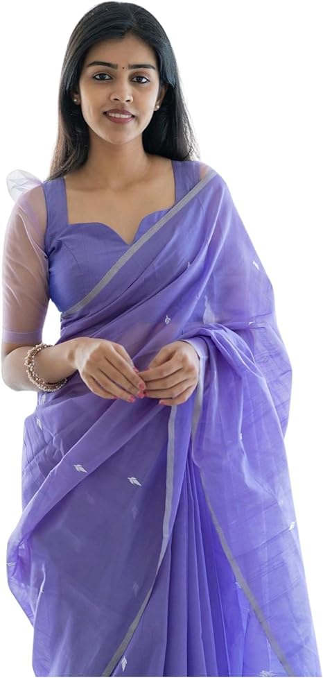 Women's Pure Soft Cotton Silk Saree Kanjivaram Style With Blouse Piece for Wedding (Cotton Lavendor