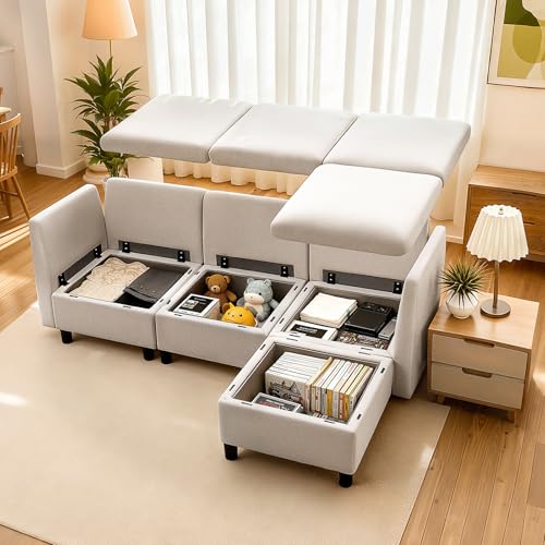 VEVOR Modular Sectional Sofa, 3-Seater Modular Sofa with Hidden Storage, Customizable Cloud Sectional Couch with Ottoman, Solid Wood Frame Upholstered Couch for Living Room, Bedroom, Beige