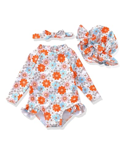 Image of Baby Girl Swimsuit Long Sleeve One-Piece Swimwear with Hat Rash Guard Ruffle Floral Zipper Beach Infant Bathing Suit