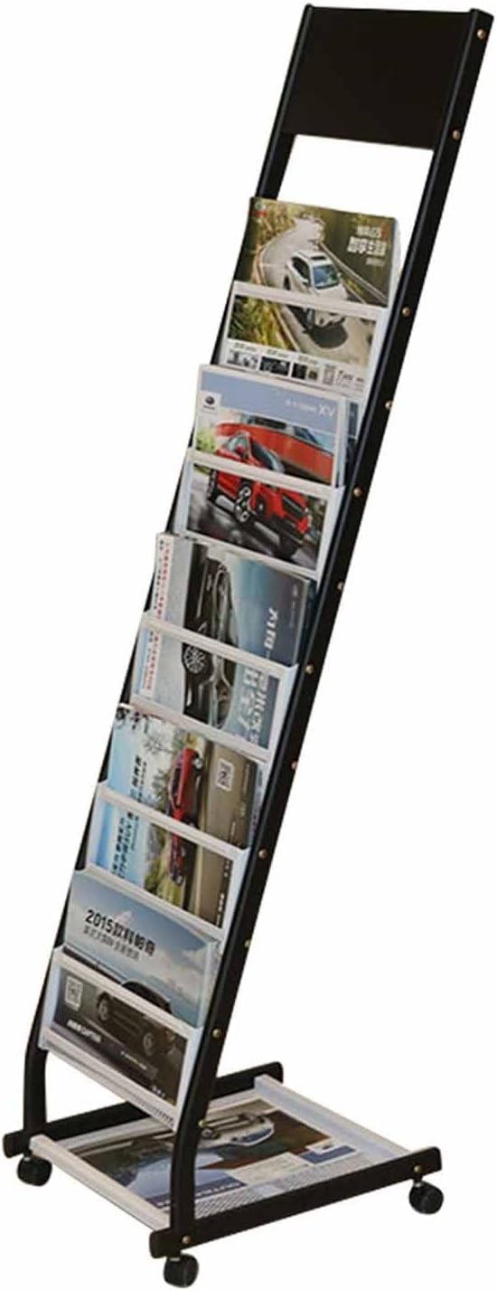 ブラックマガジンホルダーラック 6ポケット、ローリングマガジンオーガナイザースタンド、ディスプレイ用L字型パンフレットホルダー、商業