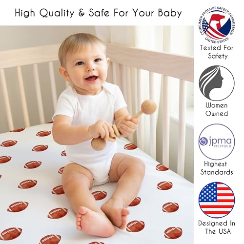 Image of Sweet Jojo Designs Fitted Baby Crib Sheets (Football) for Boys, Infant Nursery, Toddler Room - Standard Size (Brown & White Sports Balls for the Classic, Watercolor, Vintage Sport Theme Collection)