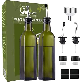 Bugucat Olive Oil Bottle Green Glass Olive Oil Dispenser Bottle Olive Oil Vinegar Bottle with Drip Free Spout Oil Dispenser for BBQ Kitchen 500ml Pack of 2