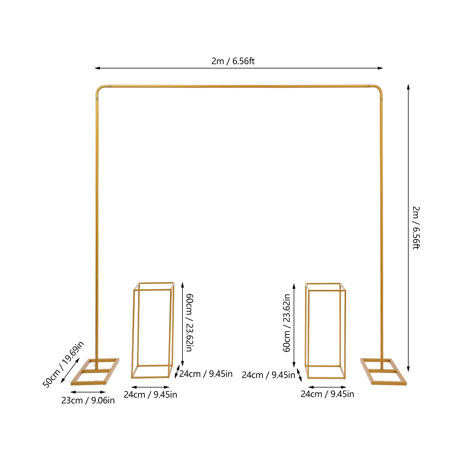 Złoty stojak na balony ze stojakiem na kwiaty, stojak ślubny z metalu, stojak ślubny 2 x 2 m + 2 szt. 24 x 24 x 60 cm, kwadratowy stojak na kwiaty (plastikowy trójkąt paszport), złoty