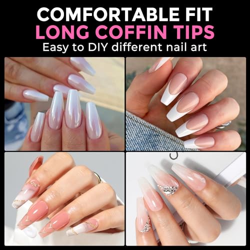 Image of UNA GELLA Long Coffin Nail Tips: 216pcs Coffin Acrylic Fake Nails Full Cover Gel Nail Tips Press On Nails Clear Tips for Nail Extension DIY Salon 12 Sizes