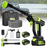 Idropulitrice a Batteria, Idropulitrice Portatile 100 Bar con 2 Batterie 4000mAh, Uscita acqua da 14 mm, Ugello 6 in 1, Tubo 5 M e Scatola Portaoggetti per Giardino, Auto e Pulizie Esterne
