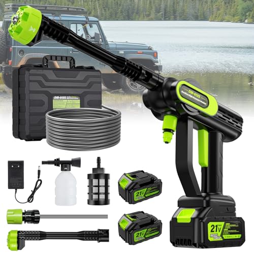 Hidrolimpiadora a Bateria de Alta Presión con Boquilla 6 en 1, 2 Baterías 4000mAh, 14 mm Salida de Agua 100 Bar, 5M Tubo y Caja de Almacenamiento para Limpiar Coche, Terraza, Jardín Limpieza y Riego