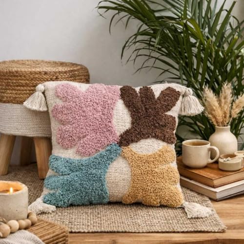 Image of Cushion Cover Pack of 5 (16x16 Inches) | Cotton Textured Decorative Throw Pillow Case for Sofa Bed Living Room Leaf Tufted Cushion Cover with Tassels (Multicolor)