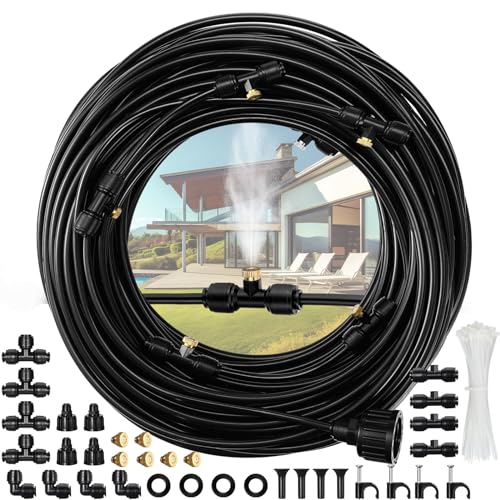 Yaocom 164 ft Misting Cooling System Misters for Outside Patio Backyard Mist Hose Kit for Garden 50 Brass Mister System 4 PE Antioxidant Adapters 3/4" for Garden Greenhouse Trampoline for Waterpark