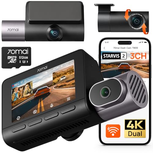 70mai Dash Cam 4K T800 3 Canali Dual 4K+1080P Anteriore Posteriore Interno, 3 HDR Dual STARVIS 2 con...