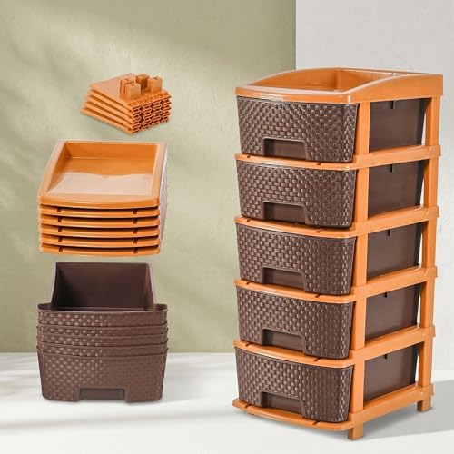 Image of Jefa Plastic Modular Drawer Storage Organizer | Multipurpose Storage Chest with Anti-Slip Design | Large Capacity Drawer Rack for Clothes, Shoes, Office & Home Use (Brown, 2)