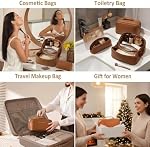 3 Pack Sac de maquillage de voyage Grands sacs cosmétiques pour les femmes (Brown) ► Etanche Maquillage Sac femme Cadeau Portable Sac de maquillage Organisateur Cosmétic Pochette Compartiments Open Flat Toilette Sac