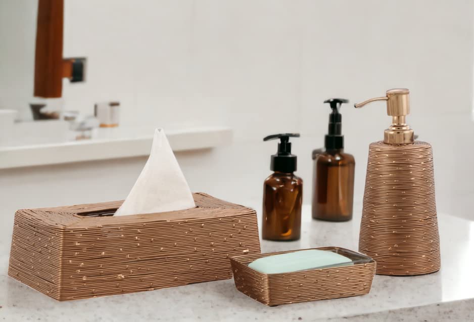 Copper Finished Wire Handcrafted Bathroom Accessories Set of 3 Pcs | Liquid Soap Dispenser, Soap Tray & Tissue Paper Holder | (Copper) Made in India Mfr by GRD Intl