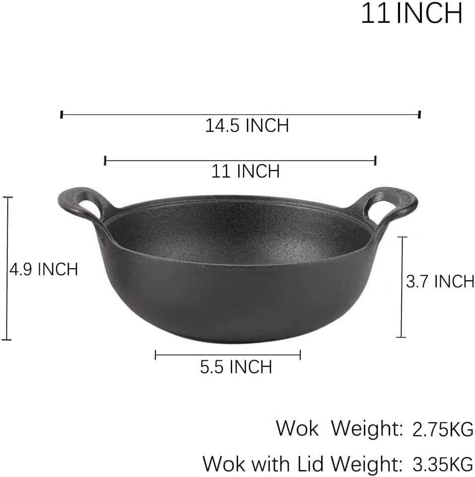 11 inch Cast Iron Wok with Lid and Handles, Grilling Wok, Use in the Oven, on the Stove, or on the Grill (Wok with Lid 11 inch)