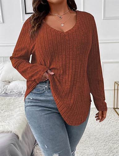 Image of Koscacy Women Plus Size Casual Knit Sweater V Neck Solid Color Tops Lightweight Long Sleeve Blouses