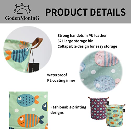 Collapsible Laundry Basket - Godenmoning 2X 62.8L Large Sized Round Waterproof Storage Bin With Leather Handles,Home Decor,Toy Organizer,Children Nursery Hamper.(Colour Fish & Purple Love Heart, 1+1) #TOP3