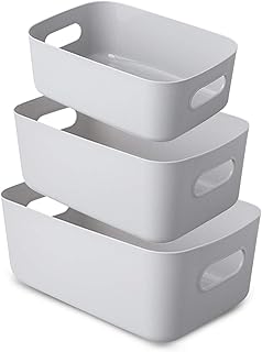 Bgfuni Lot de 3 Panier de Rangement en Plastique Blanc, Panier Plastique Rangement, Panier en Plastique avec Anse pour Placards Empilables, Cuisine, Chambre, Salle de Bain, Bureau - 3 Tailles (Gris)