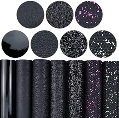 7 Pieces/Set 8x12 Inch (21cm x 30cm) A4 Bundle Leather Sheets Mixed Black Series Fine Chunky Glitter Litchi Patent Embossing Faux Leather Fabric for Bow Earring Making DIY Craft