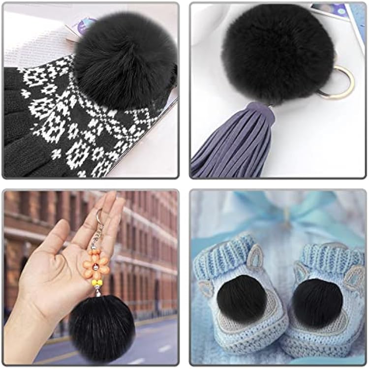 SIQUK 24 Pieces Faux Fur Pom Pom Black Pom Pom Balls with Elastic Loop Fluffy Faux Fox Fur Pom Pom for Hats Beanie Shoes Scarves Gloves Bags Accessories
