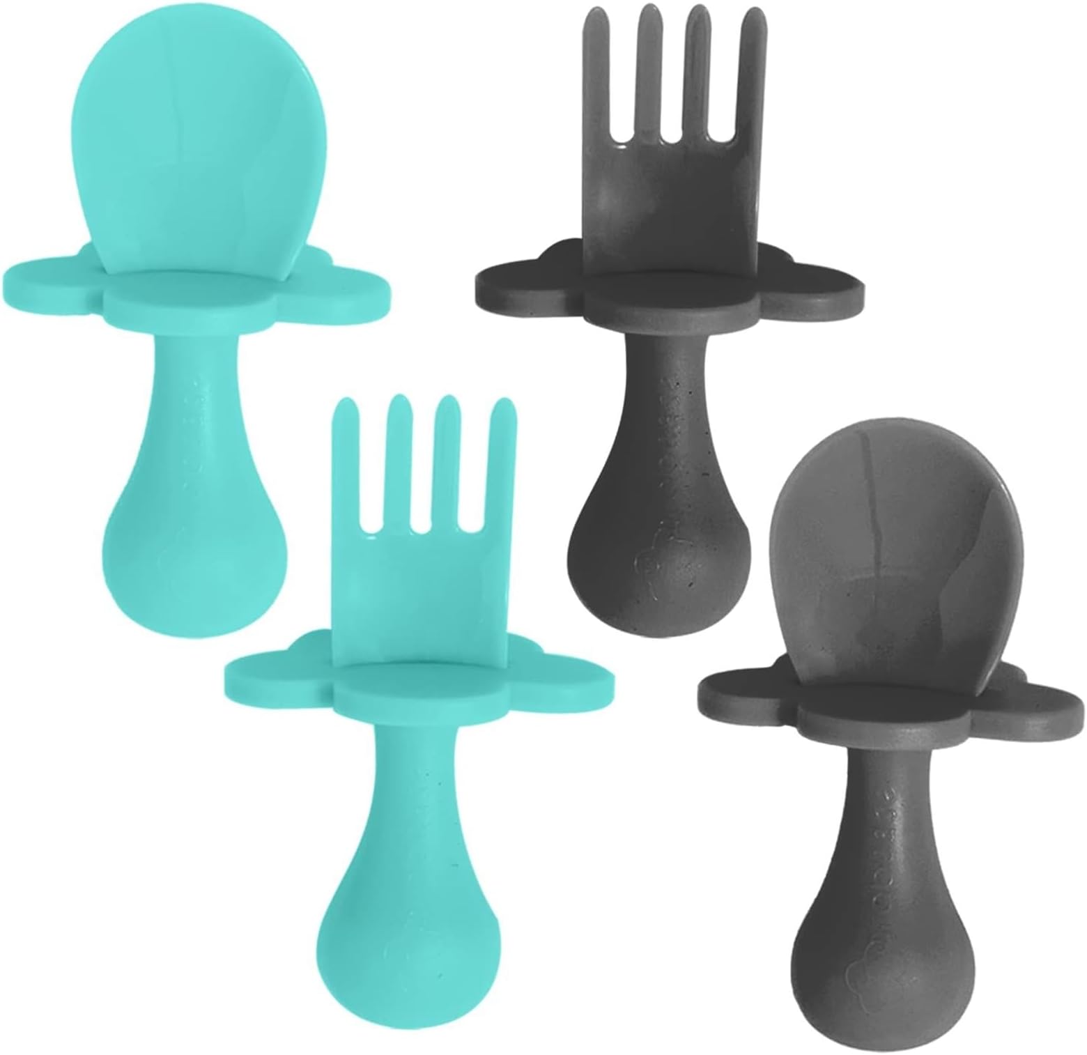 Silicone Baby Feeding Utensil Set - Self-Feeding Forks For Baby - Forks & Spoon, Ages 6-12 Months - Dishwasher-Safe Infant Spoon & Utensil - Teal & Gray, Pack of 2