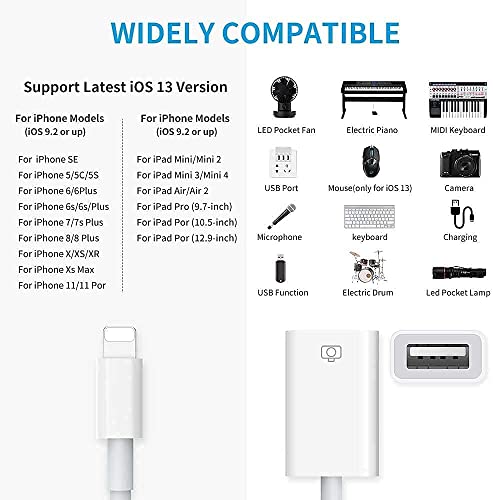 Image of New iPad iPhone, OTG Cable for USB Camera Adapter Compatible with iPhone 11 X Max 8 7 6 Plus iPad mini Air, Support USB Flash Drive, Keyboard, Mouse, Card Reader, Hub, iOS to 13 Plug & Play
