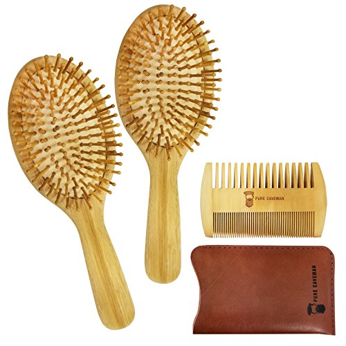 Pure Caveman - Bamboo Hair Brush (x2) and Comb Set - For Men's Beard and Hair, Two Sided Beach Wood Comb (thick and thin teeth), With Carrying Bag