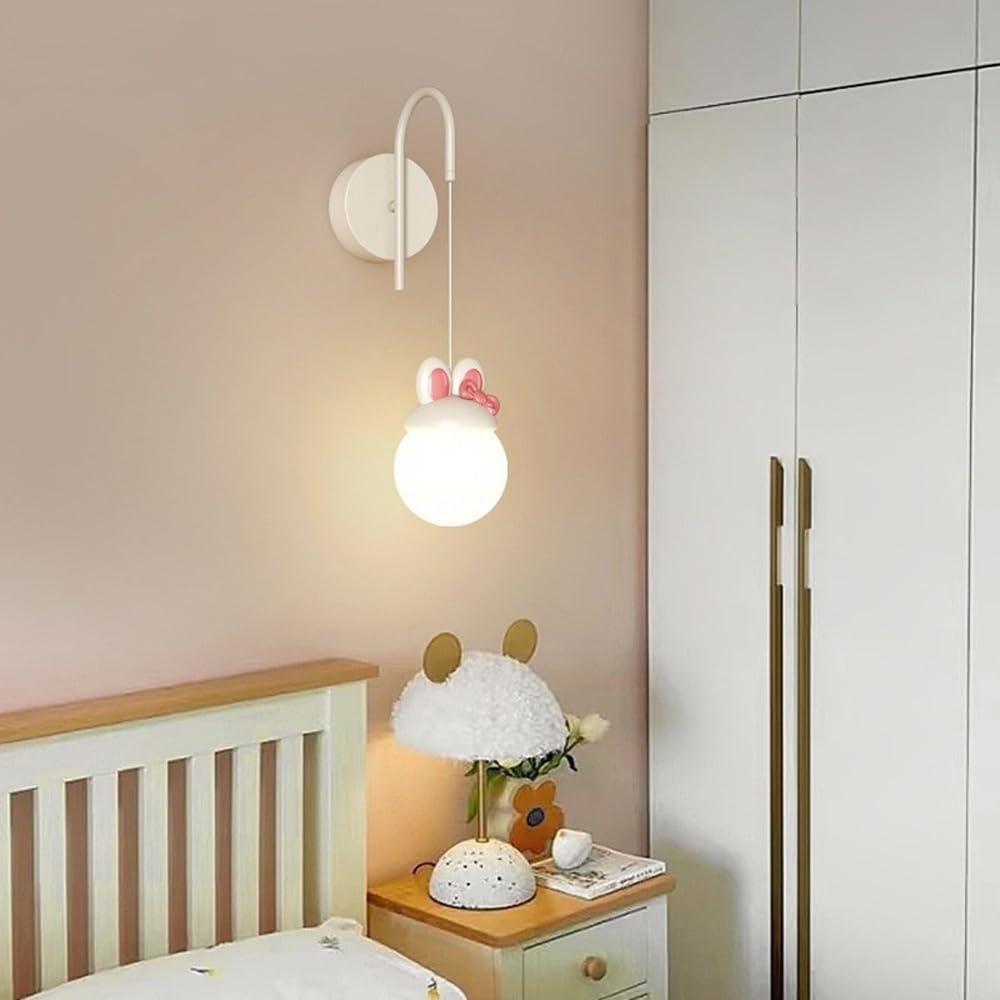 Nowoczesna i luksusowa lampa ścienna do pokoju dziewczęcego, styl średniowieczny, biały i różowy, wzór królika, wisząca kula mleczna, lampka nocna do zamocowania w korytarzu