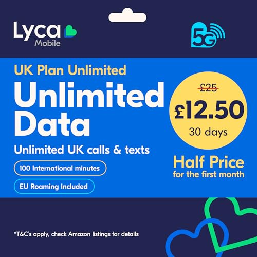 Lyca Mobile UK Prepaid SIM Card | UK Plan Unlimited | No Data Limits | 5G Speed | 35 GB Roaming | 100 International Minutes | Free UK Calls & Text. Half Price for the First Month Offer.