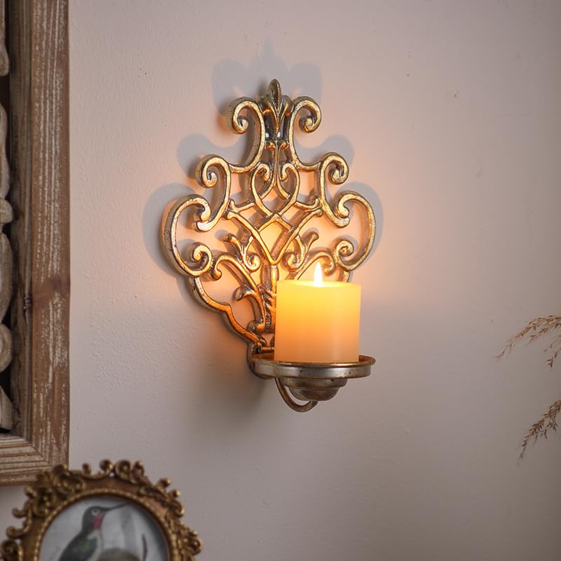 Gold Wall Sconce Candle Holder - Antique Crown Design Foldable Metal Candle Holder for Pillar Candles, Vintage Hanging Wall Decor for Living Room Bedroom Dining Room Kitchen - 10.6×7.9×4.7 Inch