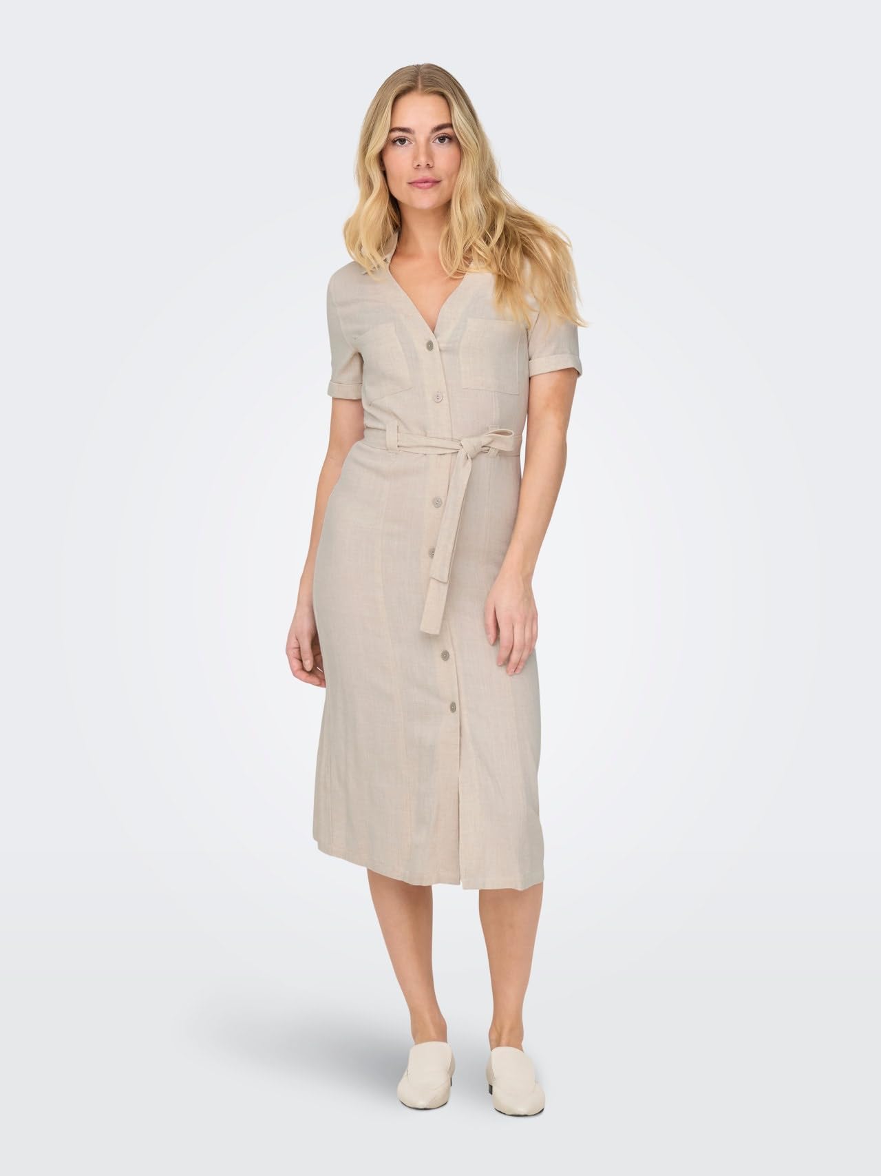ONLY ONLSIESTA SS Lin BL Shirt Dress PNT Noos Femme Robe mi-Longue Beige 80% Viscose, 20% Lin